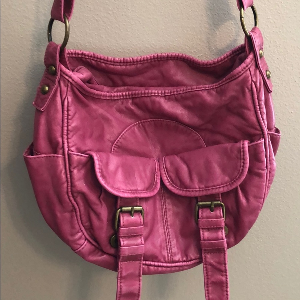 pink mission purse - over the shoulder